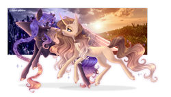 Size: 1920x1093 | Tagged: safe, artist:gloriaartist, imported from derpibooru, oc, oc only, pegasus, pony, unicorn, braid, deviantart watermark, female, mare, obtrusive watermark, simple background, transparent background, watermark