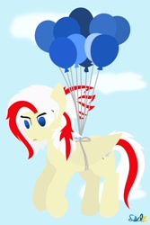 Size: 1365x2048 | Tagged: safe, artist:sailzvoilez, imported from derpibooru, oc, oc only, oc:redsun, pegasus, pony, balloon, female, floating, folded wings, sky background, solo, wings
