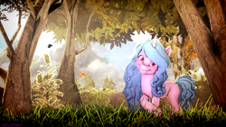 Size: 1920x1080 | Tagged: safe, artist:alexsc112, derpibooru exclusive, imported from derpibooru, izzy moonbow, butterfly, pony, unicorn, 3d, forest, g5, mountain, scenery, solo, source filmmaker