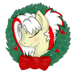 Size: 2000x2000 | Tagged: safe, artist:mercyamour, imported from derpibooru, oc, oc only, oc:redsun, pegasus, pony, blushing, bow, christmas wreath, eyes closed, female, headshot commission, simple background, solo, transparent background, wreath