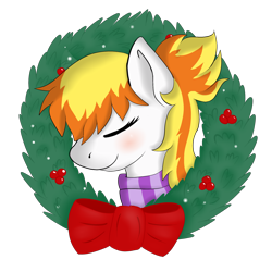 Size: 2000x2000 | Tagged: safe, artist:mercyamour, imported from derpibooru, oc, oc only, oc:lightspeed, pegasus, pony, blushing, bow, christmas wreath, clothes, eyes closed, female, headshot commission, scarf, simple background, solo, striped scarf, transparent background, wreath