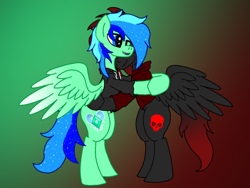 Size: 1200x900 | Tagged: safe, artist:ice_king1011, imported from derpibooru, oc, oc only, oc:jade breeze, oc:negative, alicorn, pegasus, pony, clothes, duo, gradient background, happy, hidden face, hoodie, hug, skull, standing on two hooves, wings