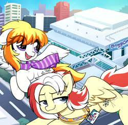 Size: 3000x2933 | Tagged: safe, artist:moozua, imported from derpibooru, oc, oc only, oc:lightspeed, oc:mane event, oc:redsun, pegasus, pony, bronycon, bronycon 2018, baltimare, baltimore, baltimore convention center, banner, building, clothes, convention, duo, duo female, eye clipping through hair, female, flying, lanyard, lidded eyes, mare, scarf, spread wings, tower, wings