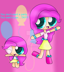 Size: 838x954 | Tagged: safe, artist:hazelppgmlpfan58, imported from derpibooru, pinkie pie, human, balloon, boots, bow, clothes, deviantart watermark, female, humanized, obtrusive watermark, one eye closed, powerpuffified, shirt, shoes, skirt, smiling, text, the powerpuff girls, watermark, wink