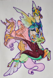 Size: 1920x2798 | Tagged: safe, artist:oneiria-fylakas, imported from derpibooru, thorax, oc, oc:himi, oc:miranda, changedling, changeling, king thorax, traditional art