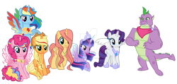 Size: 1280x609 | Tagged: safe, artist:hate-love12, imported from derpibooru, applejack, fluttershy, pinkie pie, rainbow dash, rarity, spike, twilight sparkle, alicorn, dragon, pony, alicorn six, alicornified, applecorn, base used, deviantart watermark, fluttercorn, gigachad spike, mane seven, mane six, obtrusive watermark, older, older spike, pinkiecorn, race swap, rainbowcorn, raricorn, simple background, spikezilla, transparent background, twilight sparkle (alicorn), watermark, winged spike, wings, xk-class end-of-the-world scenario