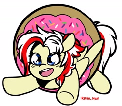 Size: 1785x1557 | Tagged: safe, artist:lrusu, imported from derpibooru, oc, oc only, oc:redsun, pegasus, pony, blue eyes, donut, female, food, frosting, open mouth, simple background, solo, spread wings, sprinkles, white background, wings