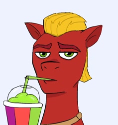 Size: 827x871 | Tagged: artist needed, source needed, safe, imported from derpibooru, sprout cloverleaf, earth pony, pony, dc comics, drinking straw, g5, looking at you, male, meme, shazam, simple background, sipping, smoothie, smug, solo, stallion, straw in mouth