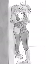 Size: 1470x2048 | Tagged: safe, artist:kameko_mikan, imported from derpibooru, applejack, rainbow dash, human, against wall, appledash, clothes, female, height difference, humanized, lesbian, lifting, monochrome, shipping, smoldash