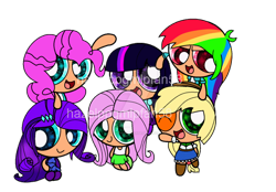 Size: 900x626 | Tagged: safe, artist:hazelppgmlpfan58, imported from derpibooru, applejack, fluttershy, pinkie pie, rainbow dash, rarity, twilight sparkle, human, applejack's hat, clothes, cowboy hat, female, hat, humanized, mane six, mane six opening poses, multicolored hair, one eye closed, powerpuffified, rainbow hair, shirt, shoes, simple background, skirt, smiling, text, the powerpuff girls, transparent background, wink