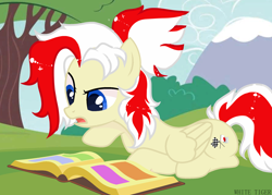 Size: 2048x1468 | Tagged: safe, artist:vi45, imported from derpibooru, oc, oc only, oc:redsun, pegasus, pony, blue eyes, book, female, folded wings, japan, mare, mountain, open book, reading, sitting, solo, tree, wings