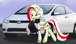 Size: 1280x751 | Tagged: safe, artist:mewinabubble, imported from derpibooru, oc, oc only, oc:redsun, pegasus, pony, blue eyes, clothes, female, folded wings, helmet, honda, honda civic, jacket, mare, solo, wings