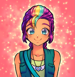 Size: 587x605 | Tagged: safe, artist:rileyav, imported from derpibooru, sunny starscout, human, equestria girls, anime, anime style, bare shoulders, cute, equestria girls-ified, eyebrows, eyelashes, featured image, female, g5, g5 to equestria girls, generation leap, happy, humanized, jewelry, looking at you, necklace, smiling, solo, sunnybetes