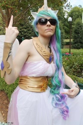 Size: 1365x2048 | Tagged: safe, artist:atemumustang, imported from derpibooru, princess celestia, human, bare shoulders, clothes, cosplay, costume, irl, irl human, photo, sleeveless, sunglasses