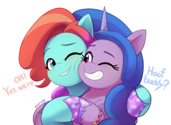Size: 2931x2141 | Tagged: safe, artist:maren, imported from derpibooru, izzy moonbow, earth pony, pony, unicorn, spoiler:g5, spoiler:my little pony: tell your tale, spoiler:tyts01e27, all that jazz, bracelet, cheek to cheek, cute, duo, female, g5, grin, hoof polish, hoofbump, hug, izzybetes, jazz hooves, jewelry, mare, my little pony: tell your tale, one eye closed, simple background, smiling, squishy cheeks, unshorn fetlocks, white background, wink