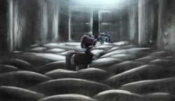 Size: 4000x2300 | Tagged: safe, artist:t72b, imported from derpibooru, maud pie, starlight glimmer, trixie, earth pony, pony, unicorn, cape, clothes, cyrillic, depth of field, doorway, dust, female, folklore, hat, limited palette, looking at you, mare, movie reference, overcoat, ponified, roadside picnic, russian, s5 starlight, scene, scene interpretation, stalker, stalker (movie), underground, walking