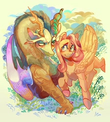 Size: 2000x2226 | Tagged: safe, artist:junkochi_, imported from derpibooru, discord, fluttershy, draconequus, pegasus, pony, discoshy, female, high res, looking at each other, looking at someone, lovely, male, painting, shipping, straight