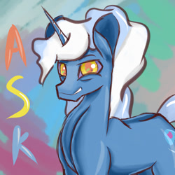 Size: 1024x1024 | Tagged: safe, artist:awhitesheep, imported from derpibooru, pokey pierce, pony, unicorn, abstract background, ask, horn, male, smiling, stallion, text