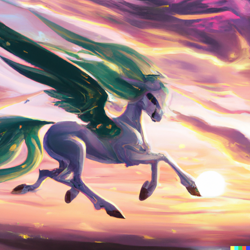 Size: 1024x1024 | Tagged: safe, imported from derpibooru, princess celestia, alicorn, pony, ai content, ai generated, cloud, female, flying, generator:dall-e 2, mare, realistic horse legs, spread wings, sunset, wings