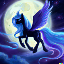 Size: 1024x1024 | Tagged: safe, imported from derpibooru, princess luna, alicorn, pony, ai content, ai generated, cloud, female, flying, full moon, generator:dall-e 2, mare, moon, stars