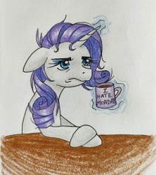 Size: 868x979 | Tagged: safe, artist:mintytreble, imported from derpibooru, rarity, pony, unicorn, coffee, coffee mug, dishevelled, glowing, glowing horn, horn, i hate mondays, magic, messy mane, monday, mug, telekinesis, traditional art