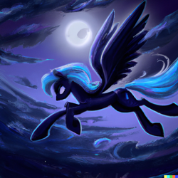 Size: 1024x1024 | Tagged: safe, imported from derpibooru, princess luna, alicorn, pony, ai content, ai generated, cloud, female, flying, full moon, generator:dall-e 2, mare, moon