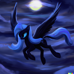 Size: 1024x1024 | Tagged: safe, imported from derpibooru, princess luna, alicorn, pony, ai content, ai generated, cloud, female, flying, full moon, generator:dall-e 2, mare, moon