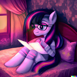 Size: 1024x1024 | Tagged: safe, imported from derpibooru, twilight sparkle, pony, unicorn, ai content, ai generated, anatomically incorrect, bed, bedsheets, book, clothes, female, generator:dall-e 2, glasses, incorrect leg anatomy, mare, pillow, sitting, sunset, sweater, window