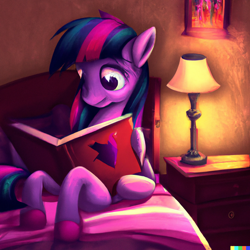 Size: 1024x1024 | Tagged: safe, imported from derpibooru, twilight sparkle, pony, unicorn, ai content, ai generated, anatomically incorrect, bed, bedsheets, book, female, framed picture, generator:dall-e 2, hooves, incorrect leg anatomy, lamp, mare, sitting
