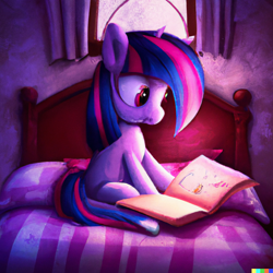 Size: 1024x1024 | Tagged: safe, imported from derpibooru, twilight sparkle, pony, unicorn, ai content, ai generated, bed, bedsheets, book, female, generator:dall-e 2, mare, pillow, sitting, window