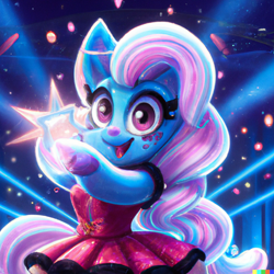 Size: 1024x1024 | Tagged: safe, imported from derpibooru, trixie, pony, unicorn, ai content, ai generated, bipedal, clothes, dress, female, freckles, generator:dall-e 2, lights, mare, open mouth, pink dress, smiling, stage