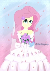 Size: 1080x1528 | Tagged: safe, imported from derpibooru, fluttershy, equestria girls, bride, clothes, cute, dress, flower, simple background, smiling, wedding dress, wife