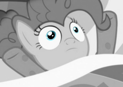 Size: 907x646 | Tagged: safe, edit, edited screencap, imported from ponybooru, screencap, pinkie pie, earth pony, rock solid friendship, bed, clothes, footed sleeper, grayscale, monochrome, pajamas, partial color, solo, wide eyes