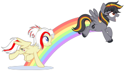 Size: 4963x2856 | Tagged: safe, artist:mcjojo, artist:virumi, imported from derpibooru, oc, oc only, oc:antilag, oc:redsun, pegasus, pony, duo, duo female, female, jumping, rainbow, running, simple background, transparent background
