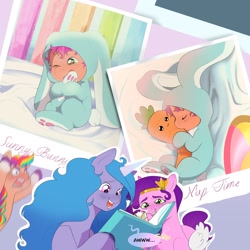 Size: 1200x1200 | Tagged: safe, artist:aztrial, imported from derpibooru, izzy moonbow, pipp petals, sunny starscout, earth pony, pegasus, pony, unicorn, album, angry, animal costume, awww, baby, baby picture, baby pony, baby sunny starscout, book, bunny costume, bunny starscout, carrot, carrot plushie, cellphone, clothes, costume, cute, cuteness overload, daaaaaaaaaaaw, female, filly, filly sunny starscout, foal, food, funny background event, g5, headband, jewelry, open mouth, open smile, phone, photo album, plushie, rage, regalia, sleeping, smiling, sunny bunny, sunny starscout is not amused, sunnybetes, unamused, unshorn fetlocks, younger
