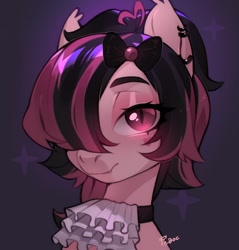 Size: 978x1024 | Tagged: safe, artist:fedos, imported from derpibooru, oc, oc only, bat pony, pony, bow, bust, cravat, ear piercing, hair bow, hair over one eye, lidded eyes, looking at you, piercing, slit pupils, smiling, solo