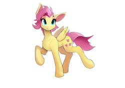 Size: 3508x2480 | Tagged: safe, artist:zpdea, imported from derpibooru, fluttershy, pegasus, pony, alternate hairstyle, female, floppy ears, mare, raised hoof, short mane, simple background, solo, white background