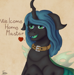 Size: 1982x2000 | Tagged: safe, artist:shypuppy, imported from derpibooru, queen chrysalis, changeling, collar, heart, heart eyes, master, solo, wingding eyes