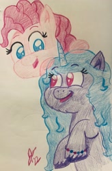 Size: 2521x3844 | Tagged: safe, artist:jesslmc16, imported from derpibooru, izzy moonbow, pinkie pie, earth pony, pony, unicorn, colored pencil drawing, g5, my little pony: a new generation, traditional art