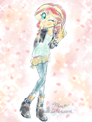 Size: 768x1024 | Tagged: safe, artist:moesisterson, imported from derpibooru, sunset shimmer, human, equestria girls, doodle, female, looking at you, one eye closed, peace sign, solo, wink, winking at you