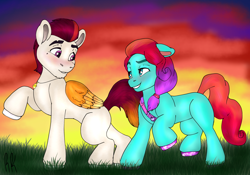 Size: 1378x965 | Tagged: safe, artist:rosekimart, imported from derpibooru, earth pony, pegasus, pony, duo, female, g5, jazz hooves, love, male, mare, my little pony: make your mark, rockjazz, rocky riff, shipping, stallion, straight, sunset