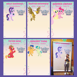 Size: 900x900 | Tagged: safe, artist:tim-kangaroo, imported from derpibooru, big macintosh, flash sentry, fluttershy, gilda, pinkie pie, sandbar, starlight glimmer, human, convention, everfree northwest, everfree northwest 2022, irl, kelly sheridan, photo, photo stands, voice actor, voice actors