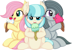 Size: 7799x5450 | Tagged: safe, artist:cyanlightning, imported from derpibooru, coco pommel, fluttershy, marble pie, earth pony, pegasus, pony, .svg available, absurd resolution, cocobetes, cute, daaaaaaaaaaaw, ear fluff, eating, eyes closed, female, foal, food, ice cream, marblebetes, mare, shyabetes, simple background, smiling, strawberry, the council of shy ponies, tongue out, transparent background, trio, vector, younger