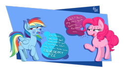 Size: 2000x1200 | Tagged: safe, artist:lukewarmluke, imported from derpibooru, part of a set, pinkie pie, rainbow dash, earth pony, pegasus, pony, series:a dash of blue (lukewarmluke), blueberry, blueberry inflation, charlie and the chocolate factory, digital art, expansion, folded wings, food, inflation, roald dahl, simple background, speech bubble, transparent background, willy wonka and the chocolate factory, wings