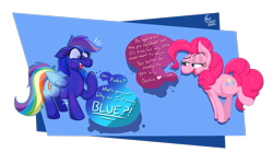 Size: 2000x1200 | Tagged: safe, artist:lukewarmluke, imported from derpibooru, part of a set, pinkie pie, rainbow dash, earth pony, pegasus, pony, series:a dash of blue (lukewarmluke), blueberry, blueberry inflation, charlie and the chocolate factory, chewing, chewing gum, digital art, eating, expansion, folded wings, food, gum, inflation, rainberry dash, roald dahl, simple background, speech bubble, transparent background, willy wonka and the chocolate factory, wings