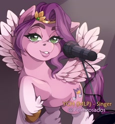 Size: 2500x2700 | Tagged: safe, artist:pelosrosados, imported from derpibooru, pipp petals, pegasus, pony, backwards cutie mark, female, g5, headband, lidded eyes, mare, microphone, raised hoof, solo, spread wings, unshorn fetlocks, watermark, wings