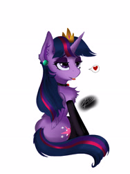 Size: 2448x3264 | Tagged: safe, artist:zpdea, imported from derpibooru, twilight sparkle, alicorn, pony, chest fluff, clothes, collar, crown, ear fluff, ear piercing, goth, gothic, jewelry, lidded eyes, piercing, regalia, simple background, socks, solo, spoken heart, tongue out, twilight sparkle (alicorn), white background