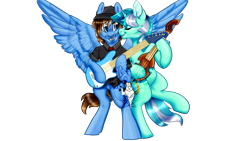 Size: 1920x1080 | Tagged: safe, artist:lightningchaserarts, imported from derpibooru, lyra heartstrings, oc, oc:p1k, oc:poni1kenobi, pegasus, unicorn, cover art, dancing, digital art, guitar, musical instrument, simple background, song cover, transparent background