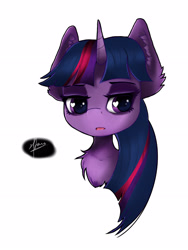 Size: 2448x3264 | Tagged: safe, artist:zpdea, imported from derpibooru, twilight sparkle, pony, bust, chest fluff, ear fluff, lidded eyes, simple background, solo, white background