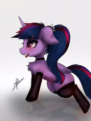 Size: 2448x3264 | Tagged: safe, artist:zpdea, imported from derpibooru, twilight sparkle, alicorn, pony, chest fluff, clothes, collar, floppy ears, lidded eyes, socks, solo, spiked headband, tongue out, twilight sparkle (alicorn)